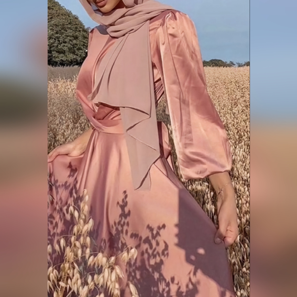 NWT Rose Gold Satin Tie Front Maxi Dress, Modest